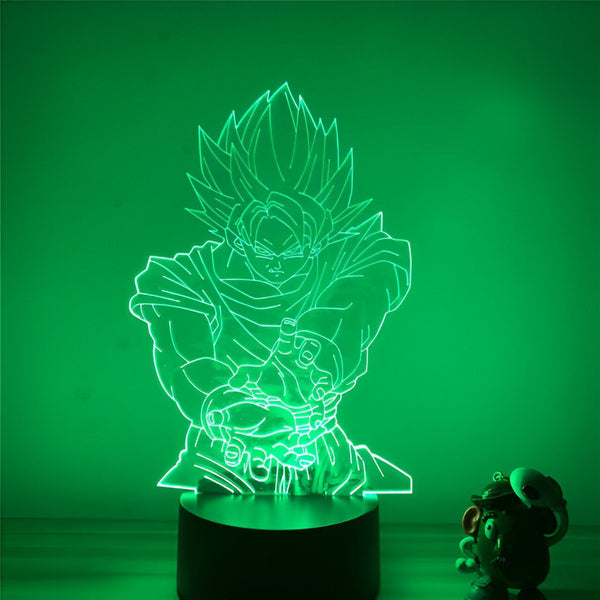 Une image d'un personnage de dessin animé, Son Goku, dans une lumière verte. Il est en position de combat, avec les poings serrés.,LA-9350148544