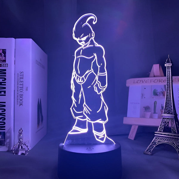 Une image d'un personnage de dessin animé, Majin Buu, éclairée par une lumière violette.,LA-2071951417,LA-6261717532