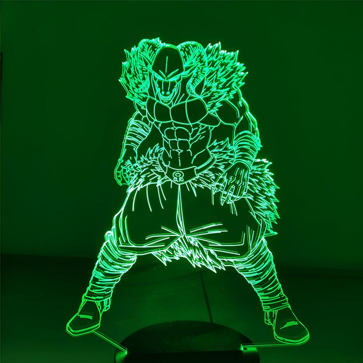 L'image représente une figurine 3D de Broly, un personnage de la série Dragon Ball Z. Broly est un Saiyan légendaire, et il est l'un des personnages les plus puissants de la série. Il est représenté ici dans sa forme "Super Saiyan 4", qui est sa forme la plus puissante. La figurine est éclairée par une lumière verte, ce qui lui donne une apparence encore plus menaçante.,LA-6659526234,LA-1330049349