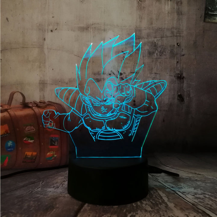 Une image d'un personnage de dessin animé, Vegeta, de la série Dragon Ball Z. Il est représenté en train de se battre, avec ses cheveux bleus hérissés et ses muscles saillants. La lumière bleue qui l'entoure donne à l'image un aspect dynamique et intense.,LA-3506291009