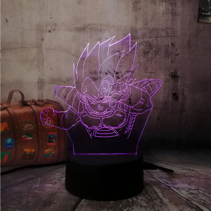 Une image d'un personnage de dessin animé, Vegeta, de la série Dragon Ball Z. Il est représenté en train de se battre, avec un poing en avant et l'autre poing levé. Il est entouré d'un halo de lumière violette.,LA-3506291009