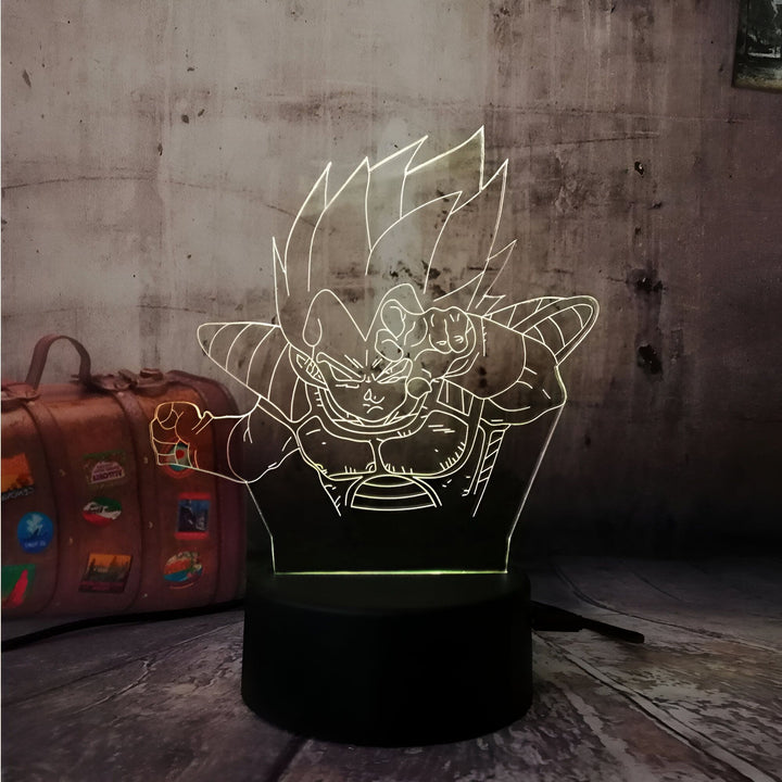 Une image d'un personnage de dessin animé, Vegeta, de la série Dragon Ball Z. Il est représenté en train de se battre, avec une expression déterminée sur le visage. La lumière verte qui l'entoure donne une impression de puissance et de danger.,LA-3506291009