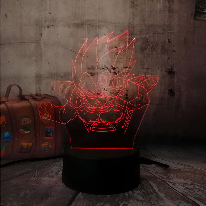 Une image d'un personnage de dessin animé, Vegeta, de la série Dragon Ball Z. Il est représenté en train de se battre, avec ses cheveux dressés vers le haut et ses muscles saillants. La lumière rouge qui l'entoure donne à l'image un aspect dramatique.,LA-3506291009
