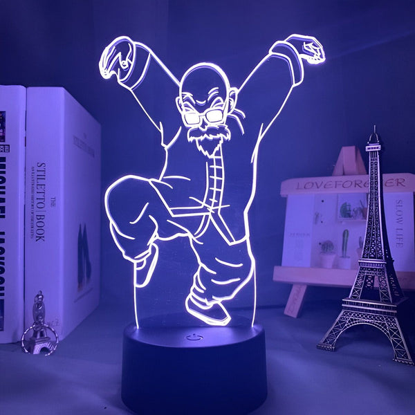 L'image représente une figurine en 3D de Tortue Géniale, un personnage de Dragon Ball Z. Il est représenté en train de faire un coup de pied sauté. La figurine est éclairée par une lumière violette.,LA-9543004919,LA-1008566411