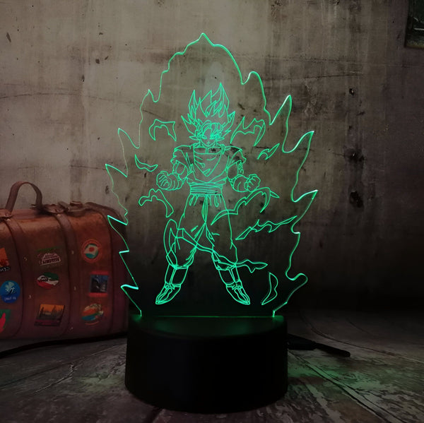 Une image d'un personnage de dessin animé, Son Goku, dans une aura verte. Il est entouré d'un fond noir et est éclairé par une lumière verte.,LA-791964187X