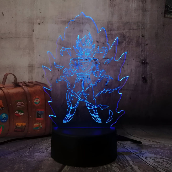 Une image d'un personnage de dessin animé, Son Goku, de la série Dragon Ball Z. Il est représenté en train de se téléporter, entouré d'un halo de lumière bleue.,LA-791964187X