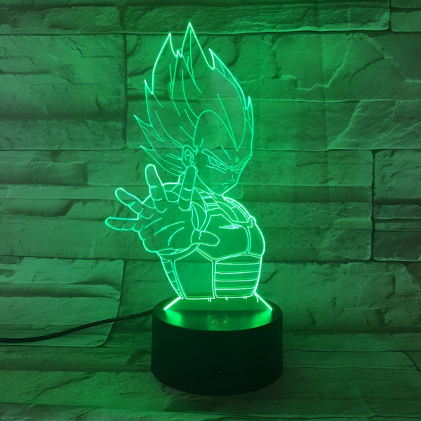 Une image d'une figurine de Vegeta, un personnage de la série animée Dragon Ball Z. La figurine est verte et est éclairée par une lumière verte. Elle est posée sur un socle noir.,LA-9800412301