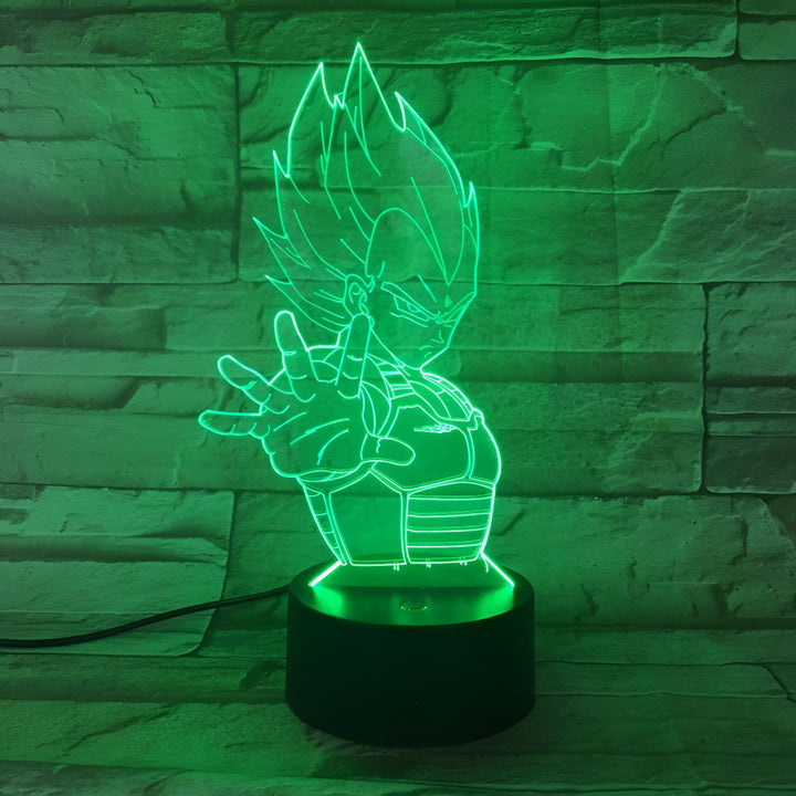 Une image d'une figurine de Vegeta, un personnage de la série animée Dragon Ball Z. La figurine est verte et est éclairée par une lumière verte. Elle est posée sur un socle noir.,LA-9800412301