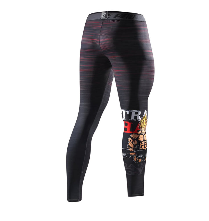 L'image montre un legging de sport noir avec des rayures rouges sur les côtés. Il y a un motif de Goku, un personnage de Dragon Ball Z, sur la jambe droite.,LE-7994399509,LE-5059759520,LE-6213348417,LE-2760538222