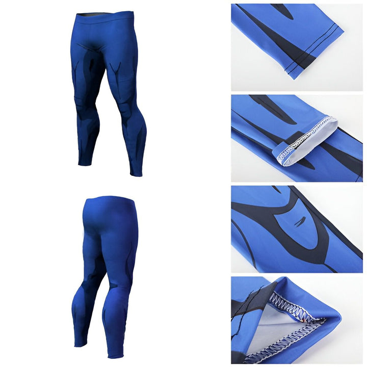 L'image montre un legging de compression bleu avec des motifs noirs. Il est porté par un mannequin. On peut voir le legging de face et de dos.,LE-143762779X,LE-6090043877,LE-1498709648,LE-8642176059,LE-4476692540,LE-6607339832