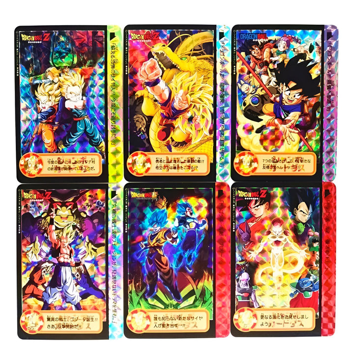 Une image de six cartes à collectionner Dragon Ball Z. Les cartes présentent des personnages de la série, notamment Goku, Vegeta, Gohan, Piccolo et Krilin. Les cartes sont toutes brillantes et ont un effet holographique.,LO-1919887881,LO-1419841289,LO-995042593X