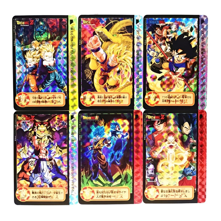 Une image de six cartes à collectionner Dragon Ball Z. Les cartes présentent des personnages de la série, notamment Goku, Vegeta, Gohan, Trunks et Piccolo. Les cartes sont toutes numérotées et ont une description du personnage au dos.,LO-1919887881,LO-1419841289,LO-995042593X