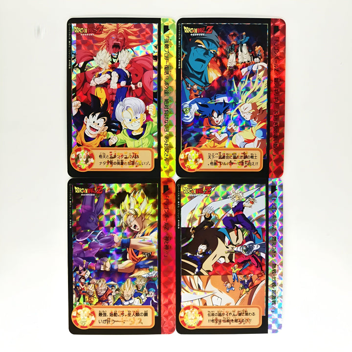 Quatre cartes à collectionner Dragon Ball Z. Sur la première carte, on voit Goku, Vegeta, Trunks et Gohan. Sur la deuxième carte, on voit Piccolo, Krilin, Yamcha et天津飯. Sur la troisième carte, on voit Nappa, Raditz et Vegeta. Sur la quatrième carte, on voit Freezer, Cell et Boo.,LO-1919887881,LO-1419841289,LO-995042593X