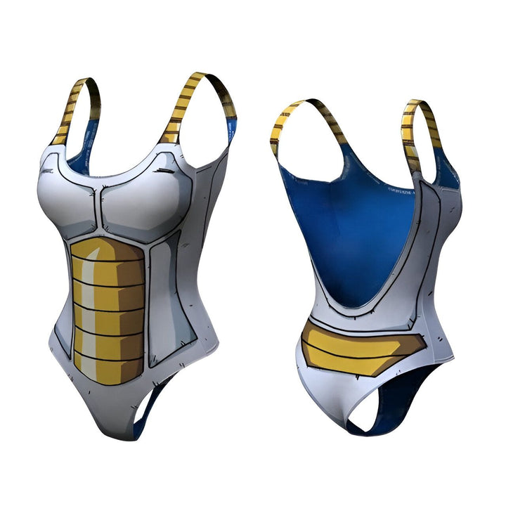 Une image d'un maillot de bain une pièce Dragon Ball Z Vegeta. Le maillot de bain est bleu et jaune avec des détails blancs. Il est inspiré de la tenue de Vegeta, un personnage de la série Dragon Ball Z.,MA-0482576057,MA-0004310314,MA-5555648588,MA-9407064727,MA-9868797292