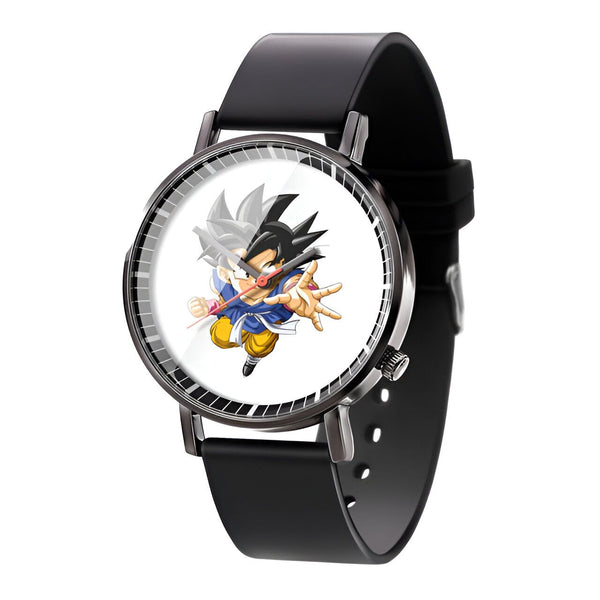 Une montre Dragon Ball Z avec un bracelet en cuir noir et un cadran rond avec Son Goku, un personnage de la série, en train de lancer un Kamehameha.,MO-7751372176