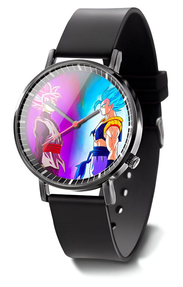 Une montre Dragon Ball Z avec un bracelet en silicone noir. Le cadran de la montre représente Son Goku et Vegeta en Super Saiyan Blue.,MO-4367875385