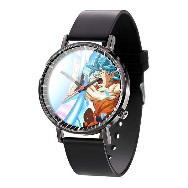 Une montre de poignet noire avec un bracelet en cuir noir. Le cadran de la montre est rond et noir avec une image du personnage de Son Goku de la série animée Dragon Ball Z. Son Goku est en train de tirer un Kamehameha, une attaque énergétique bleue.,MO-8218268383