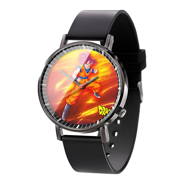 Une montre Dragon Ball Z avec un bracelet en cuir noir et un cadran orange et noir. Le cadran représente Son Goku, le personnage principal de la série, en train de se battre.,MO-4601261333