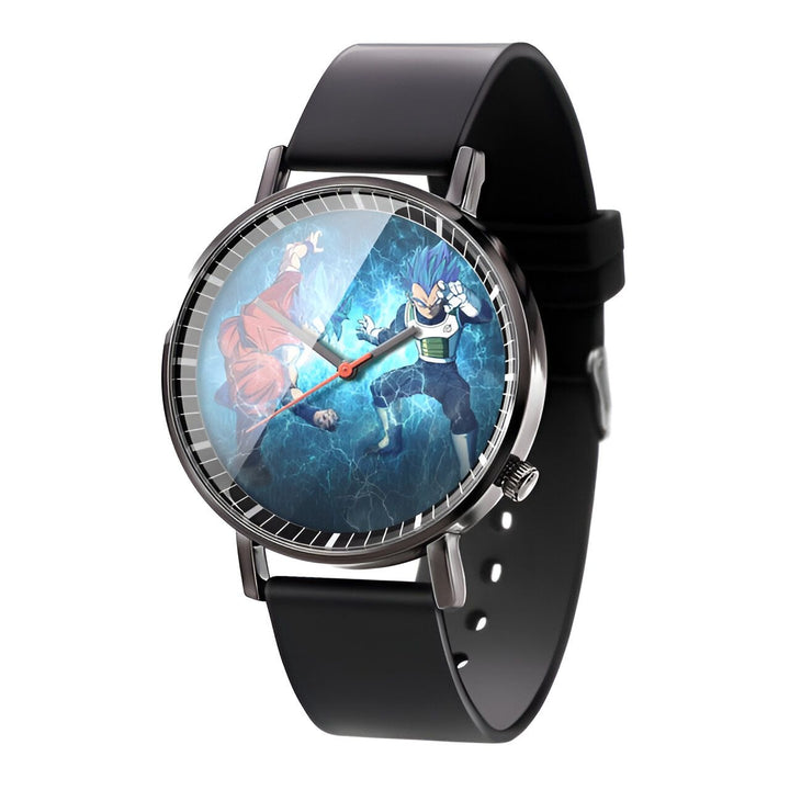 Une montre Dragon Ball Z avec un bracelet en cuir noir. Le cadran de la montre représente Goku et Vegeta en train de se battre.,MO-4408938610