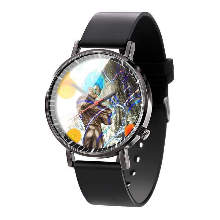 Une montre Dragon Ball Z avec un bracelet en cuir noir. Le cadran de la montre est rond et noir avec une image de Vegeta, un personnage de Dragon Ball Z.,MO-002490516X