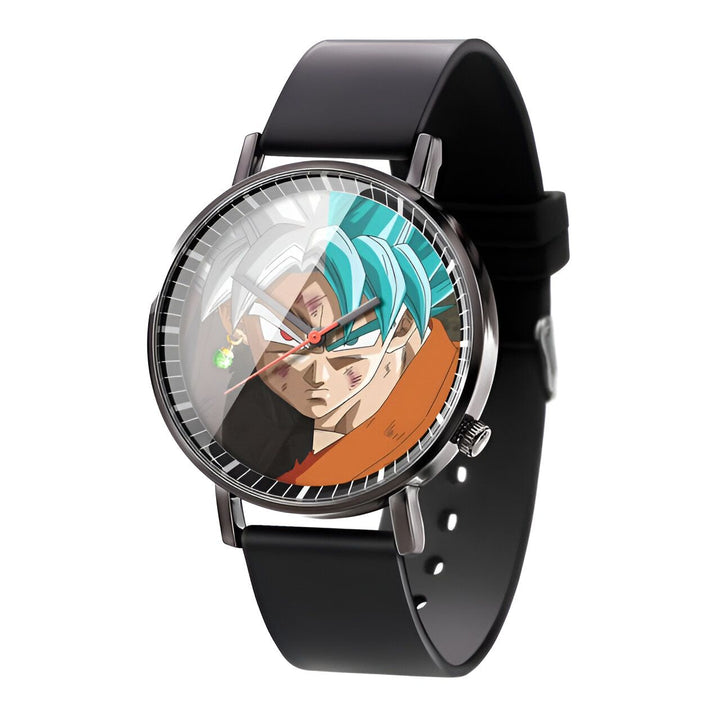 Une montre Dragon Ball Z avec un bracelet en cuir noir et un cadran rond. Le cadran représente Son Goku, un personnage de la série Dragon Ball Z.,MO-4150042497