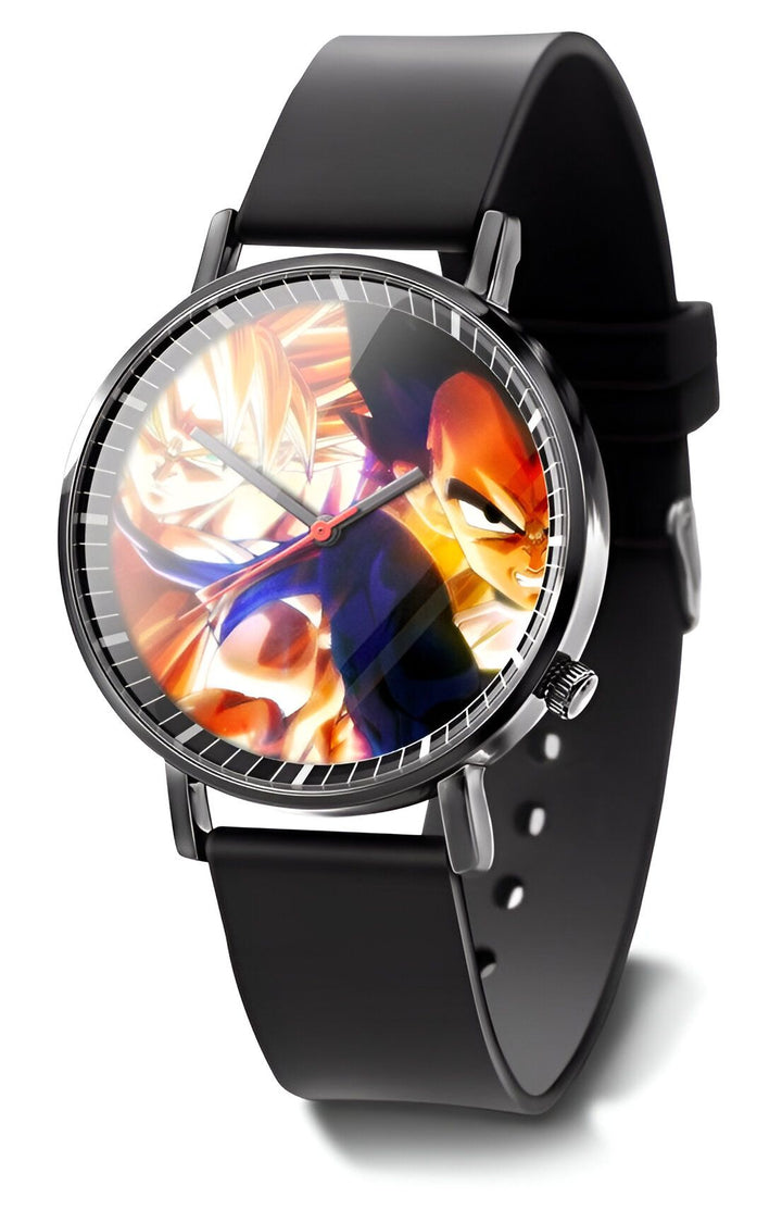 Une montre-bracelet noire avec un cadran rond. Le cadran présente une image de Son Goku et Vegeta, deux personnages de la série animée Dragon Ball Z.,MO-9691534436