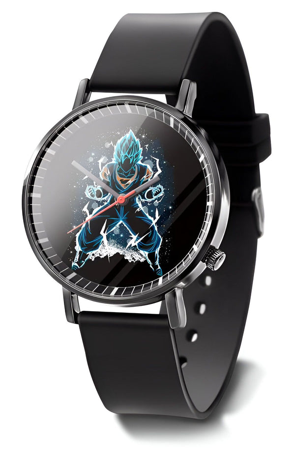 Une montre-bracelet noire avec un cadran rond. Le cadran présente une image de Son Goku, un personnage de la série animée Dragon Ball Z. Son Goku est représenté en train de se battre, avec ses cheveux bleus hérissés et une aura bleue l'entourant.,MO-4438400201