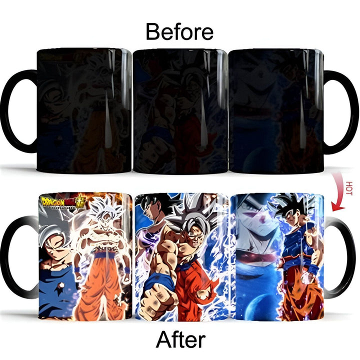 Une tasse noire qui change de couleur lorsqu'on y verse un liquide chaud. L'image sur la tasse est celle de Son Goku, un personnage de la série animée Dragon Ball Z.,MU-5635397204