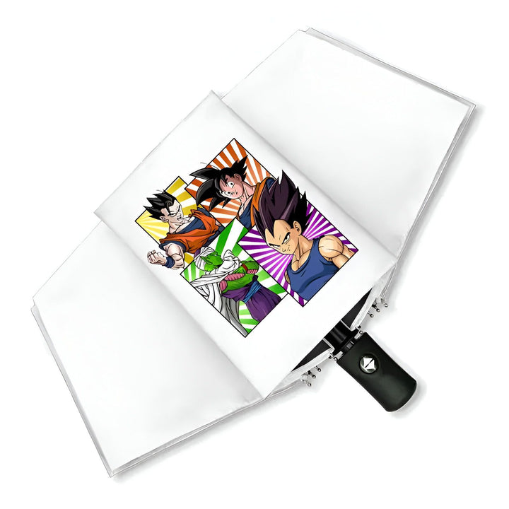 L'image représente un parapluie blanc avec une image de Son Goku, Vegeta, Gohan et Piccolo.,PA-248183139X