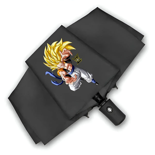 L'image représente un parapluie noir avec l'image de Son Goku, un personnage de la série animée Dragon Ball Z. Il est vêtu d'un costume bleu et jaune et est en position de combat. Le parapluie est ouvert et on peut voir le dessous de la toile.,PA-087093970X