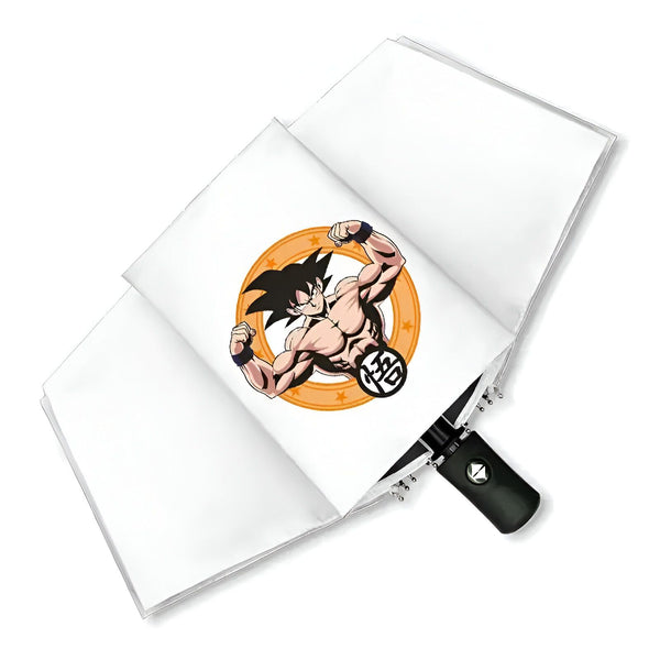 L'image représente un parapluie blanc avec une image de Son Goku, un personnage de la série animée Dragon Ball Z. Son Goku est représenté en train de se muscler et porte une ceinture orange avec le kanji "Go" écrit dessus.,PA-9071936929