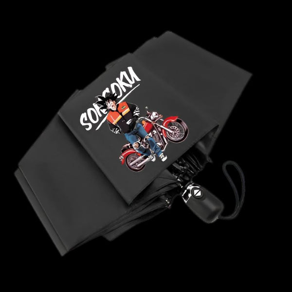 Un parapluie noir avec une image de Son Goku, un personnage de Dragon Ball Z, sur une moto.,PA-2430415348