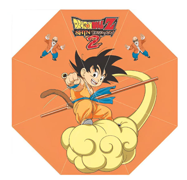 Une image de Son Goku, un personnage de la série animée Dragon Ball Z. Il est représenté en train de voler sur un nuage magique, entouré de deux vieillards.,PA-971790099X