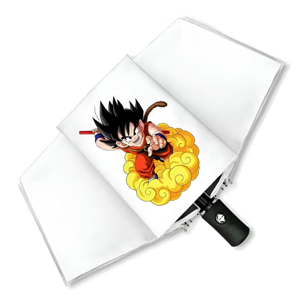 L'image représente un parapluie blanc avec une image de Son Goku, un personnage de la série animée Dragon Ball Z. Son Goku est représenté en train de voler sur un nuage magique.,PA-7878492093