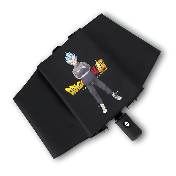 L'image représente un parapluie noir avec le personnage de Vegeta de la série Dragon Ball Super. Vegeta est représenté avec une veste bleue et un pantalon noir. Il a les cheveux bleus et les yeux bleus. Le parapluie est ouvert et on peut voir le dessous de la toile.,PA-6585631757