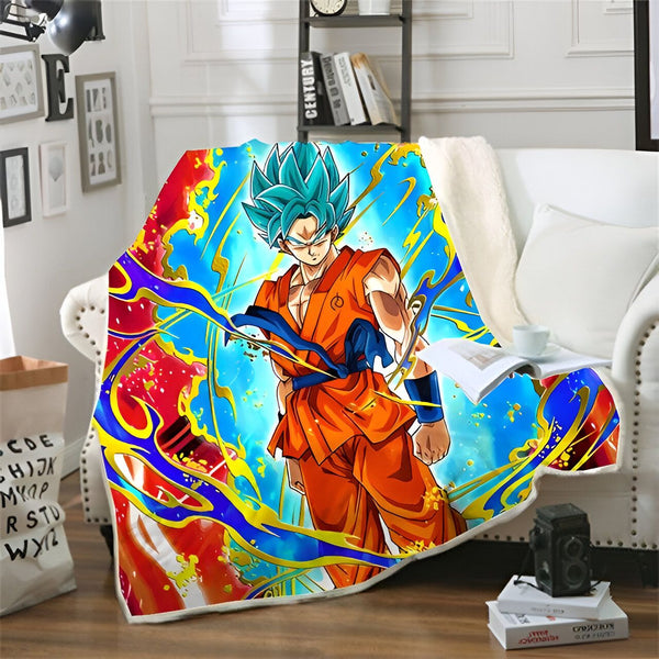 Une couverture en polaire avec Son Goku, un personnage de Dragon Ball Z. Il est vêtu de son costume orange et bleu et est en position de combat. La couverture est bleue et rouge avec des éclairs jaunes.,PL-4339580422,PL-3010724276