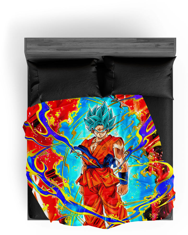 Une image de Son Goku, un personnage de la série animée Dragon Ball Z. Il est représenté en train de se battre, avec ses cheveux bleus hérissés et une aura bleue l'entourant.,PL-4339580422,PL-3010724276