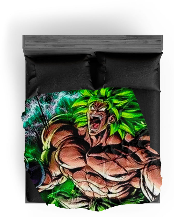 Une image de Broly, un personnage de Dragon Ball Z, en train de se transformer en Super Saiyan. Il est entouré d'une aura verte et ses cheveux sont dressés vers le haut.,PL-8462199646,PL-7920954290