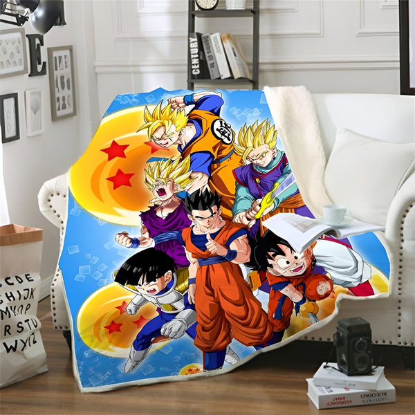 Une couverture en polaire avec les personnages du dessin animé Dragon Ball Z. On y voit Goku, Vegeta, Gohan, Trunks et Krilin.,PL-3387122020,PL-7465320127