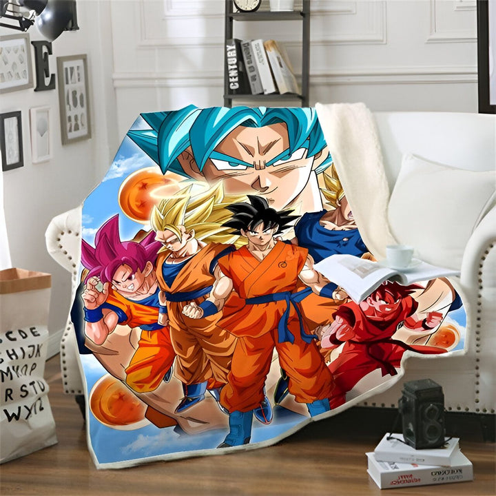 Une couverture en peluche à l'effigie de Goku, le personnage principal de la série animée Dragon Ball Z. Il est représenté en train de se battre contre ses ennemis, entouré de boules de cristal.,PL-6470588980,PL-7428689848