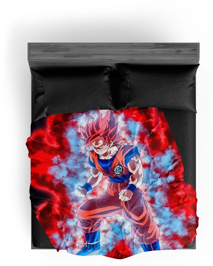 Une image de Son Goku, un personnage de la série animée Dragon Ball Z. Il est représenté en train de se mettre en colère, avec les cheveux rouges et les yeux bleus. Il est entouré d'une aura rouge et bleue.,PL-7825187180,PL-1152874675