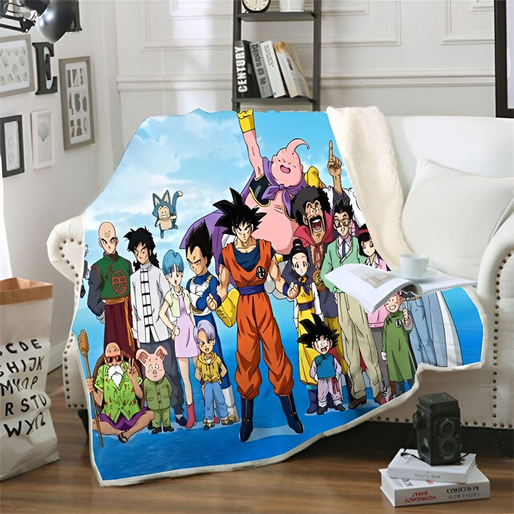 Une couverture en peluche avec les personnages du dessin animé Dragon Ball Z. On y voit Goku, Vegeta, Gohan, Piccolo, Krilin, Yamcha,天津飯, Chiaotzu, Bulma, Videl, Sharpner, Erasa, le maître Roshi et d'autres personnages.,PL-8192755126,PL-6183317071