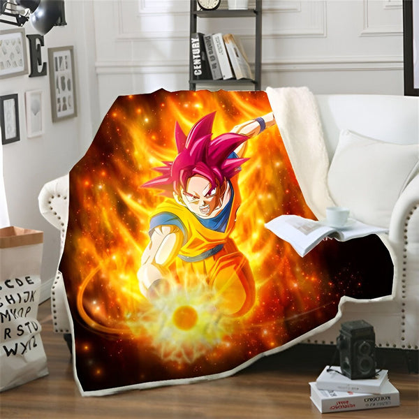 Une couverture en polaire avec Son Goku, un personnage de Dragon Ball Z, en train de lancer une attaque.,PL-2670090168,PL-5698325286