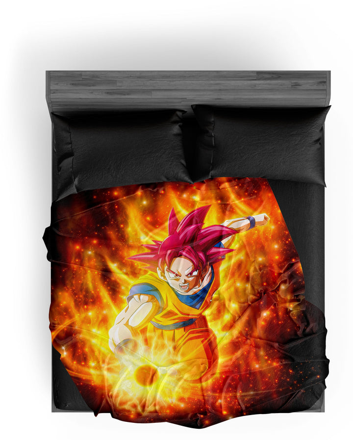 Une image de Son Goku, un personnage de la série animée Dragon Ball Z, en train de se battre. Il est entouré d'un feu ardent et de fumée.,PL-2670090168,PL-5698325286