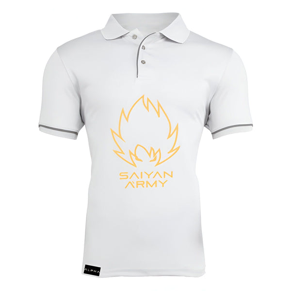 Le t-shirt blanc a un col polo et des manches courtes. Il y a un logo "Saiyan Army" jaune sur la poitrine.,PO-7809058452,PO-4264298857,PO-576410758X,PO-0063242672,PO-9371498056,PO-3848263939,PO-4998604805,PO-1510561668,PO-7416125464,PO-3632486476,PO-4232973451,PO-1630188115,PO-6024203403,PO-5619304426,PO-5870704243,PO-1239395841