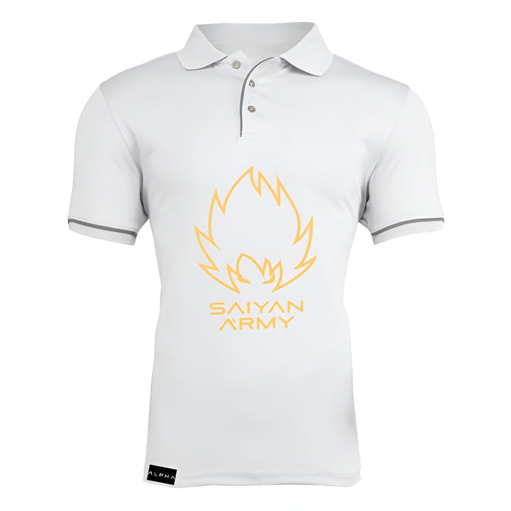 Le t-shirt blanc a un col polo et des manches courtes. Il y a un logo "Saiyan Army" jaune sur la poitrine.,PO-7809058452,PO-4264298857,PO-576410758X,PO-0063242672,PO-9371498056,PO-3848263939,PO-4998604805,PO-1510561668,PO-7416125464,PO-3632486476,PO-4232973451,PO-1630188115,PO-6024203403,PO-5619304426,PO-5870704243,PO-1239395841