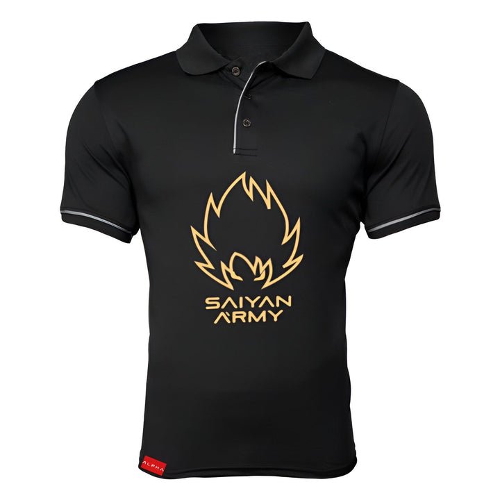 Le t-shirt noir a un col polo et des manches courtes. Il y a un logo doré de l'armée Saiyan sur la poitrine.,PO-7809058452,PO-4264298857,PO-576410758X,PO-0063242672,PO-9371498056,PO-3848263939,PO-4998604805,PO-1510561668,PO-7416125464,PO-3632486476,PO-4232973451,PO-1630188115,PO-6024203403,PO-5619304426,PO-5870704243,PO-1239395841