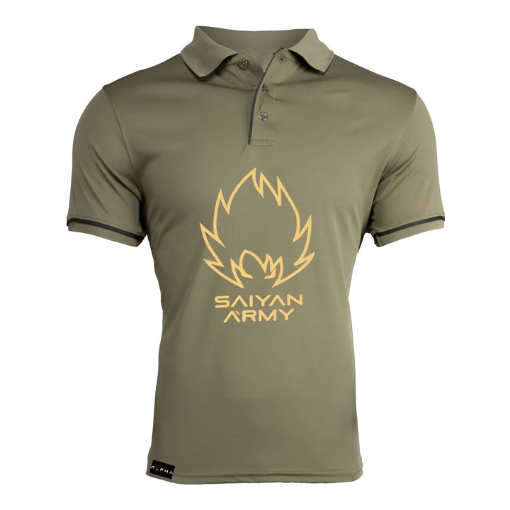 L'image représente un t-shirt polo vert kaki avec un col noir. Sur le devant du t-shirt, il y a un logo doré représentant le symbole de la Saiyan Army, une armée de l'univers Dragon Ball Z.,PO-7809058452,PO-4264298857,PO-576410758X,PO-0063242672,PO-9371498056,PO-3848263939,PO-4998604805,PO-1510561668,PO-7416125464,PO-3632486476,PO-4232973451,PO-1630188115,PO-6024203403,PO-5619304426,PO-5870704243,PO-1239395841