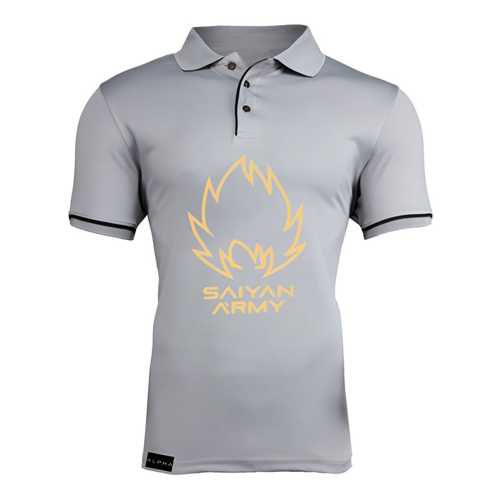 Le t-shirt est gris avec un col polo noir. Il y a un logo doré de l'armée Saiyan sur le devant.,PO-7809058452,PO-4264298857,PO-576410758X,PO-0063242672,PO-9371498056,PO-3848263939,PO-4998604805,PO-1510561668,PO-7416125464,PO-3632486476,PO-4232973451,PO-1630188115,PO-6024203403,PO-5619304426,PO-5870704243,PO-1239395841
