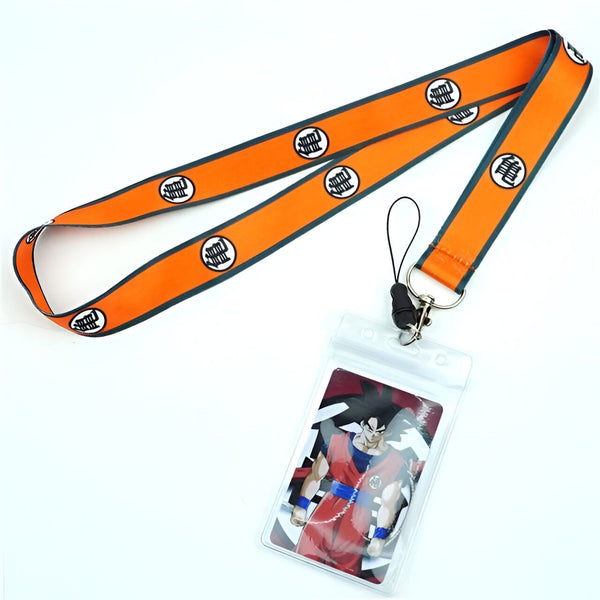 Un porte-badge Dragon Ball Z orange avec un motif répété du logo de la série. Il y a unGoku transparent porte-carte attaché au cordon.,PO-932344023X